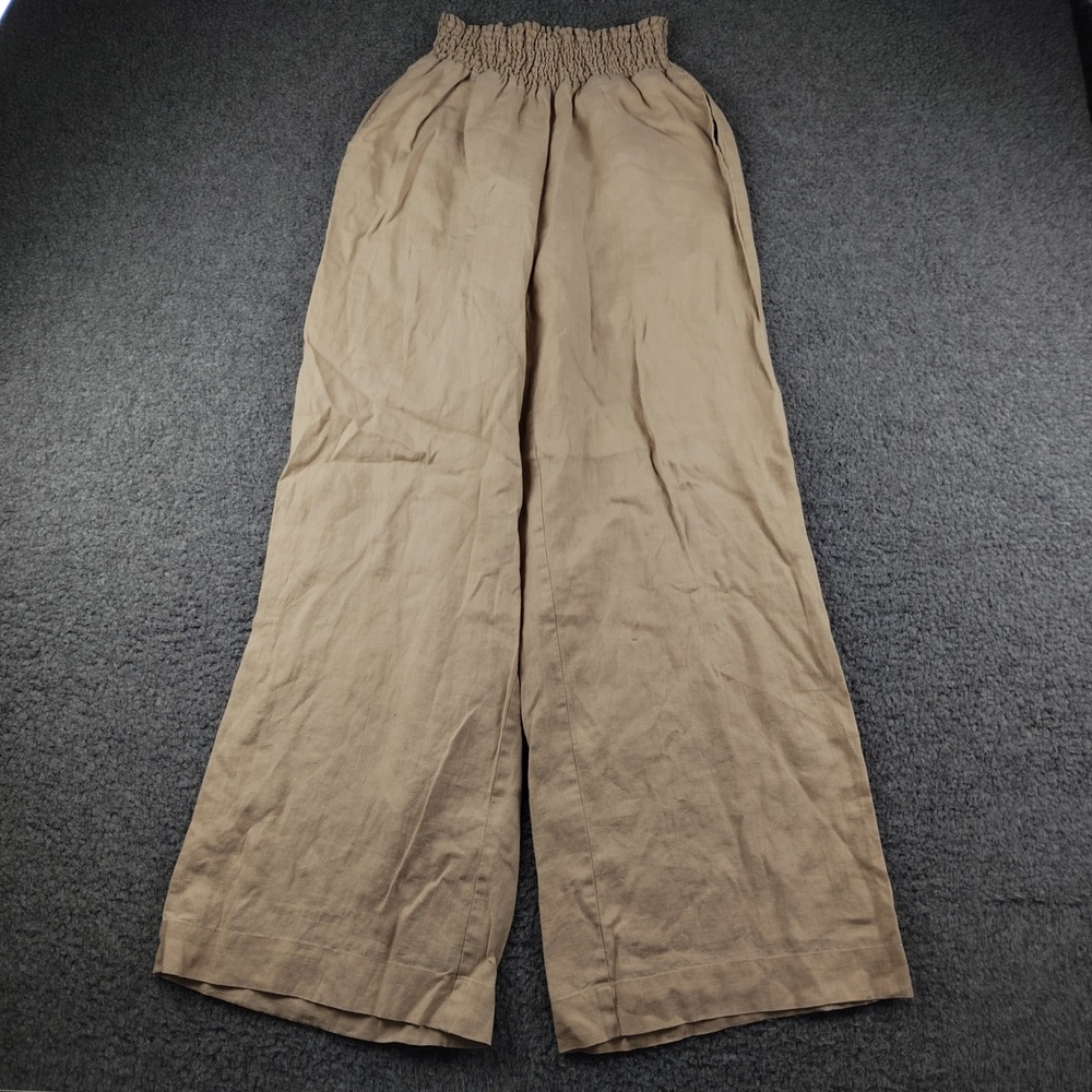 Sunny Leigh Linen Pants Sz Medium Wide Leg Tan Smocked High Waisted Pockets